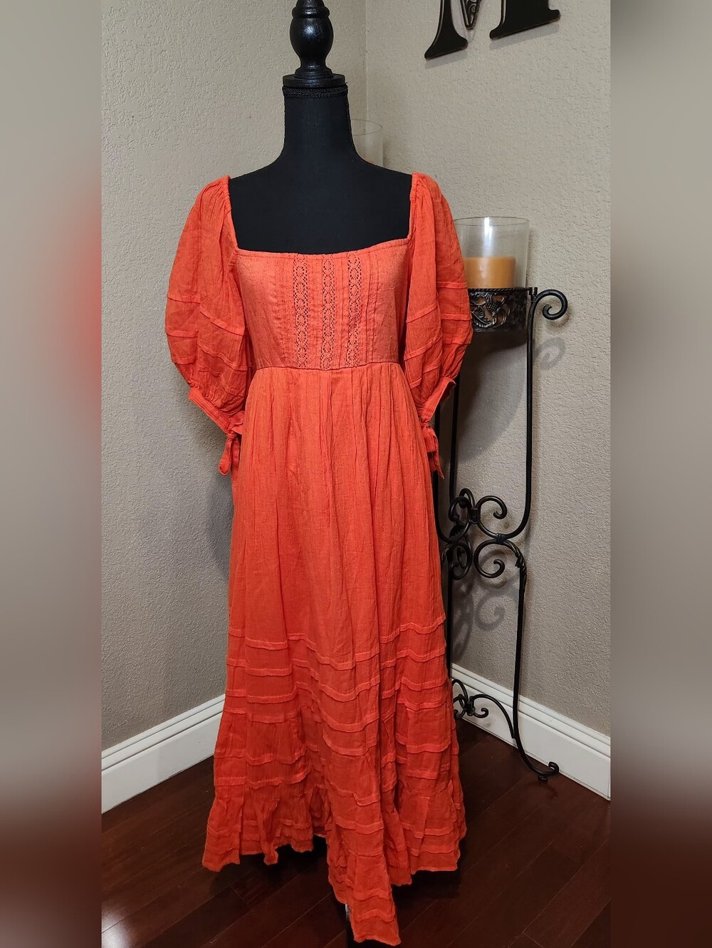 Free People Lets Be Friends Orange Maxi Dress with Puff Sleeves And Lace Size L